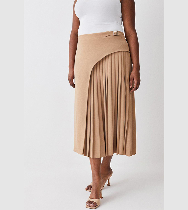 Tailored Buckle Detail Pleated Midi Skirt