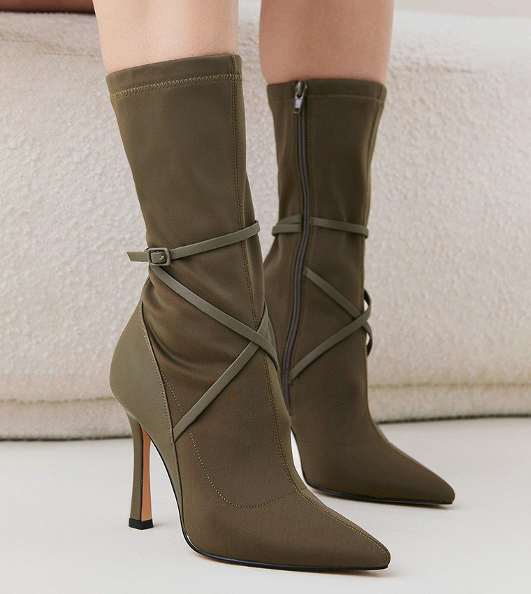 Buy Karen Millen Neoprene Buckle Detail Sock Boots In Khaki 6thStreet Bahrain