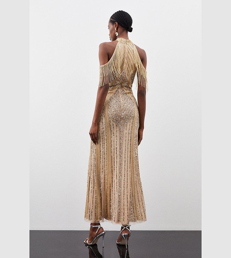 Buy Karen Millen Embellished High Neck Paneled Maxi Dress In Nude |  6thstreet Bahrain