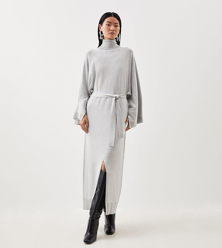 Karen Millen Slinky Viscose Split Detail Knit Maxi Dress in Grey