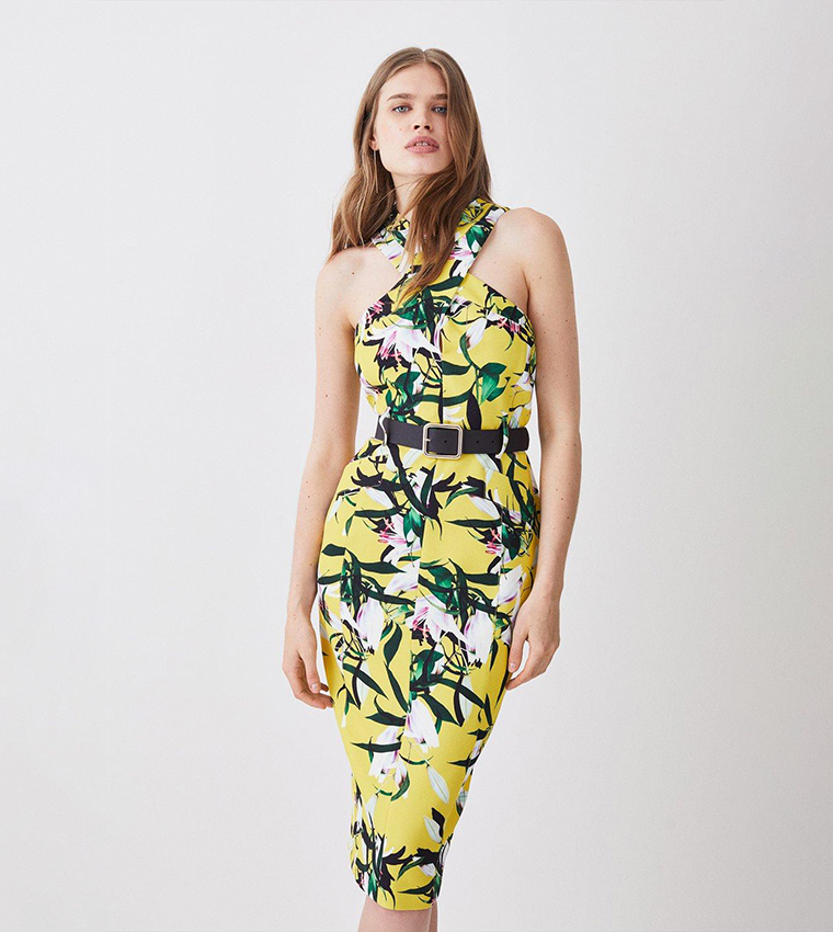 karen millen neon dress Buy Karen Millen Neon Lily Print Forever Halter Neck Belted Midi Dress In  Multiple Colors