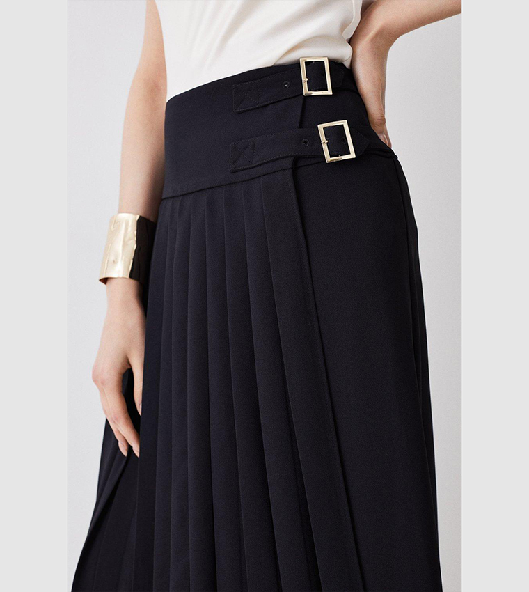 Tailored Buckle Detail Pleated Midi Skirt