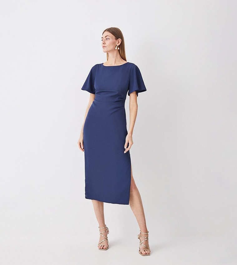 Buy Karen Millen Premium Crepe Flare Sleeve Midi Dress In Navy