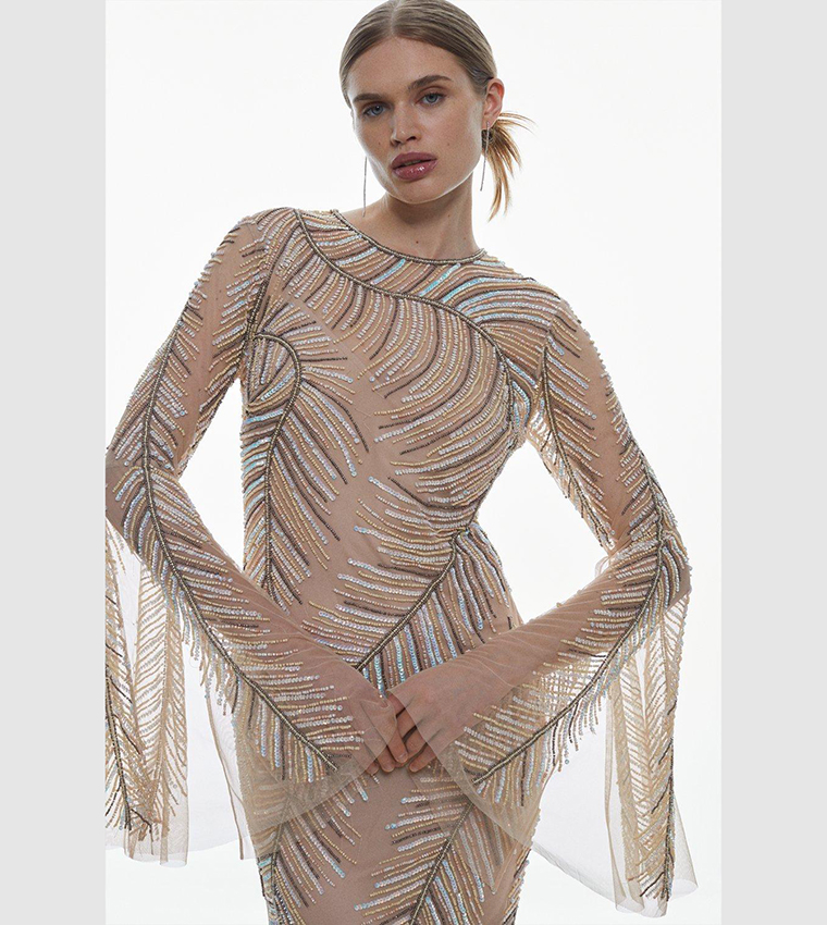 Feather Crystal Embellished Maxi Dress