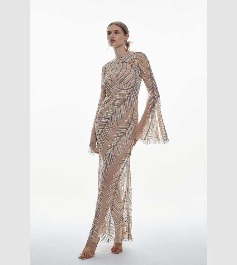 Feather Crystal Embellished Maxi Dress