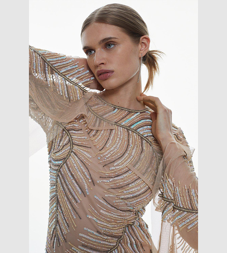 Feather Crystal Embellished Maxi Dress
