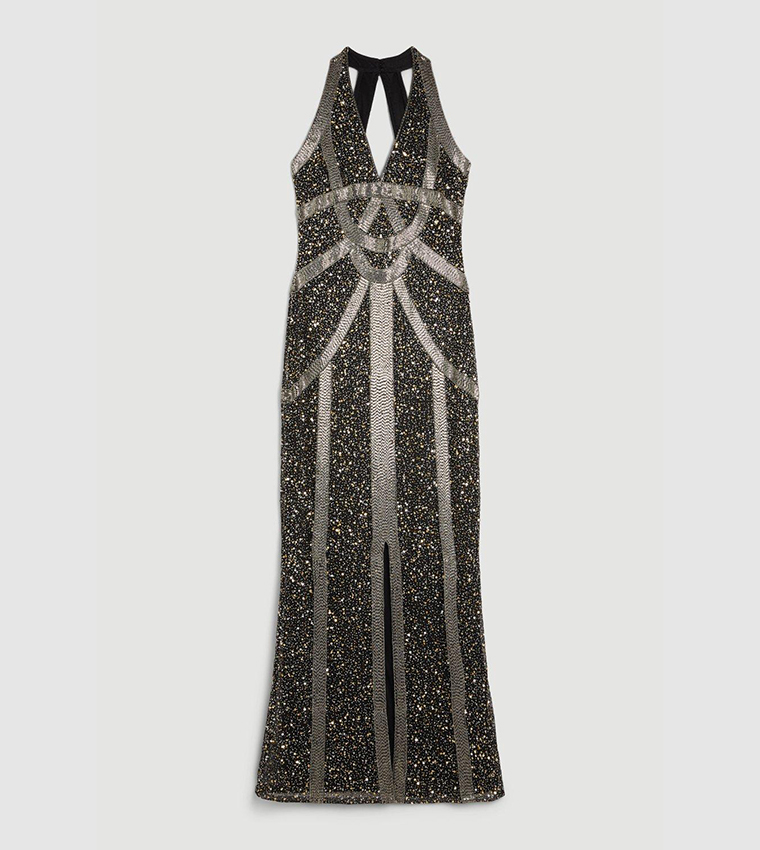 Buy Karen Millen Crystal Embellished Halter Maxi Dress In GUN METAL ...