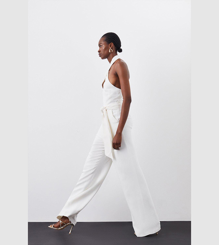 Tailored Linen Strappy Cut Out Detail Wide Leg Jumpsuit | Karen Millen