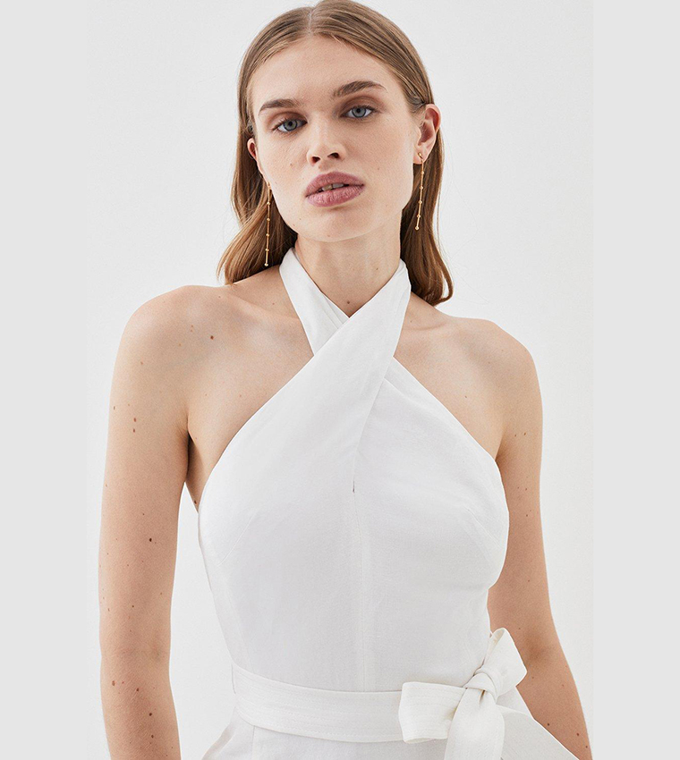 karen millen white halter neck dress Karen Millen Tailored Denim Halter Neck Pencil Midi Dress in Ivory