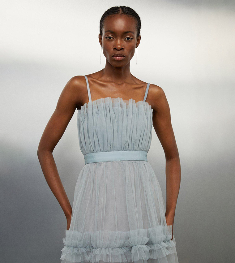 Buy Karen Millen Tulle Bandeau Tiered Midi Dress In Silver