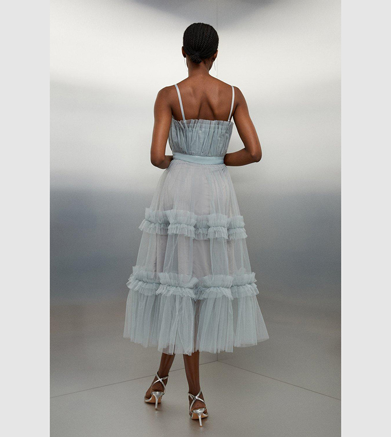 Buy Karen Millen Tulle Bandeau Tiered Midi Dress In Silver