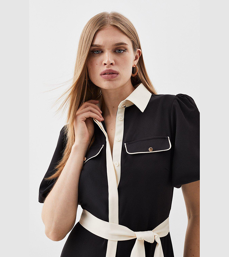 Buy Karen Millen Belted Twill Short Sleeve Midi Dress In Black