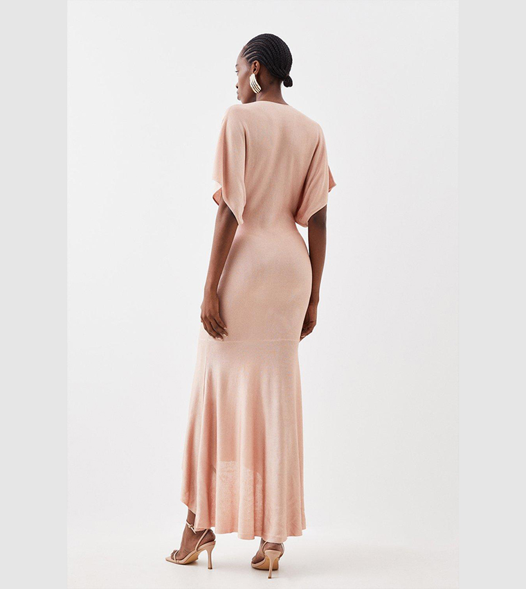 Buy Karen Millen Slinky Knit Kimono Sleeve V Neck High Low Midaxi Dress In Natural | 6thstreet Oman Buy Karen Millen Slinky Knit Kimono Sleeve V Neck High Low Midaxi Dress In Natural | 6thstreet Oman