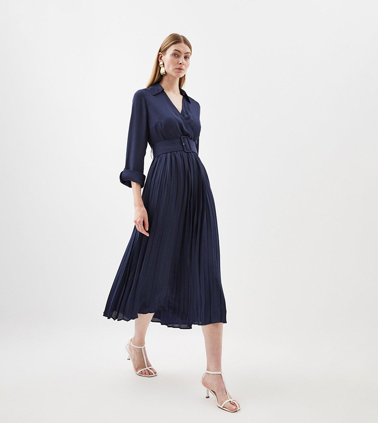 karen millen navy pleated dress Navy KarenMillen Forever Ponte And Georgette Jersey Pleated Maxi Dress
