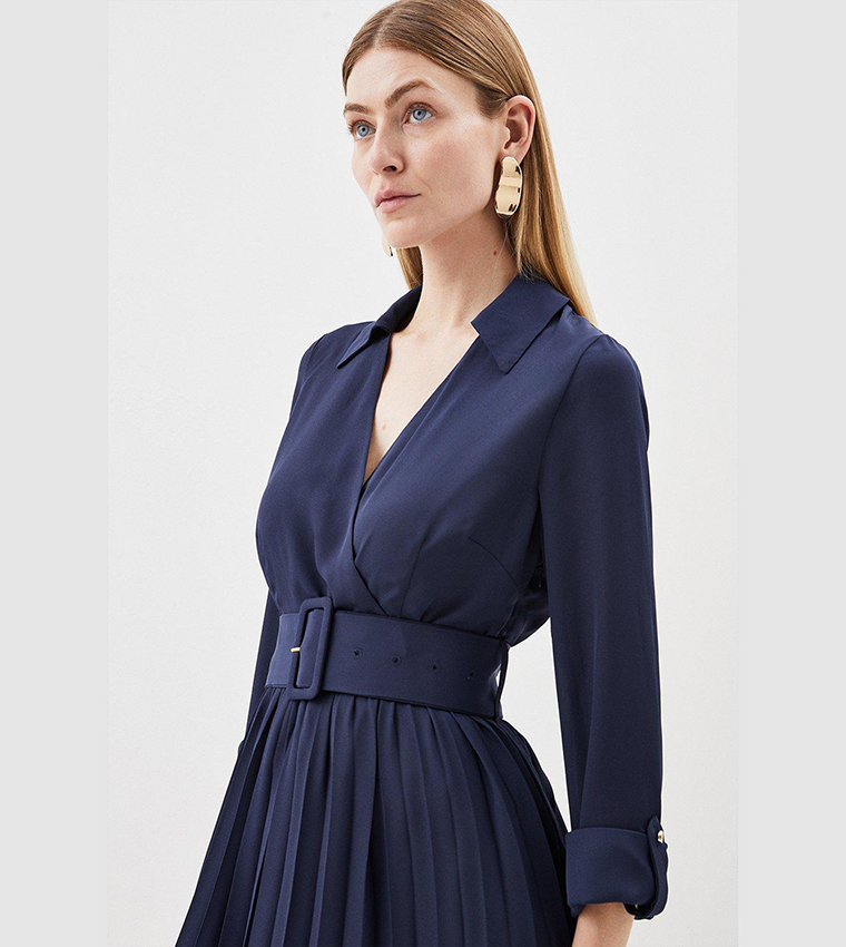 karen millen navy pleated dress Navy Tweed Pleated Skirt Midi Dress