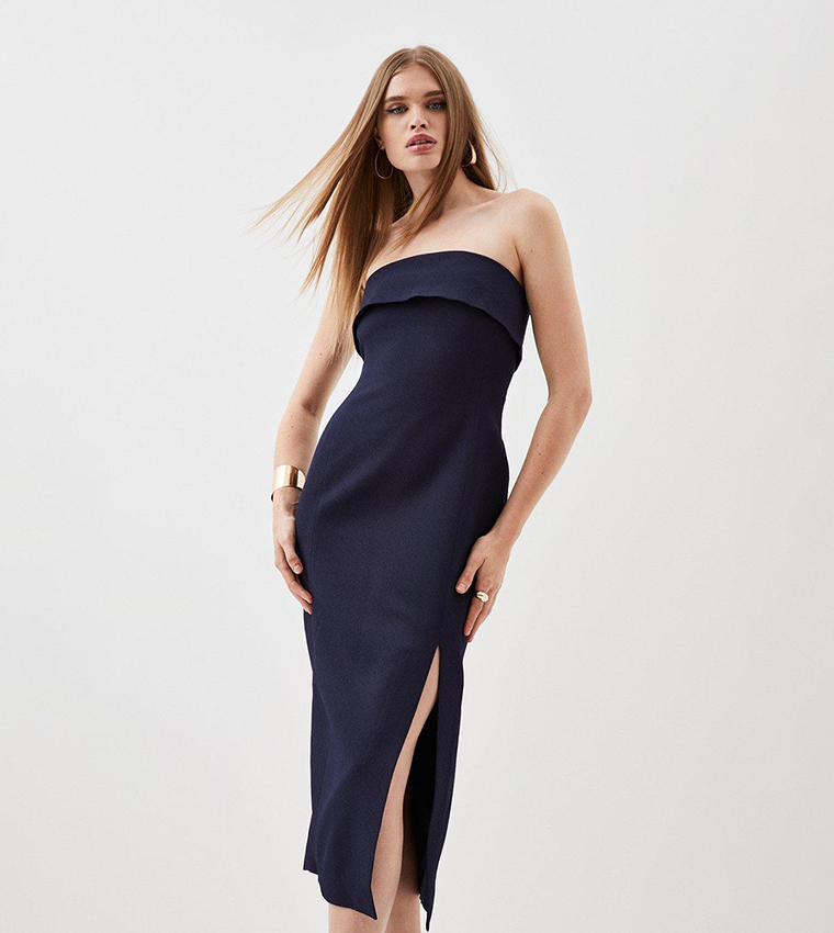 Textured Crepe Tailored Bandeau Split Detail Midi Dress