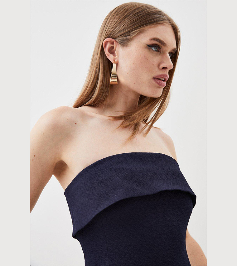 Textured Crepe Tailored Bandeau Split Detail Midi Dress