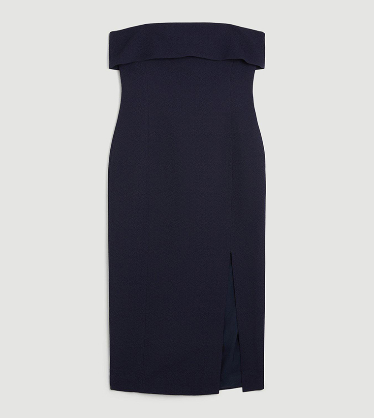 Textured Crepe Tailored Bandeau Split Detail Midi Dress