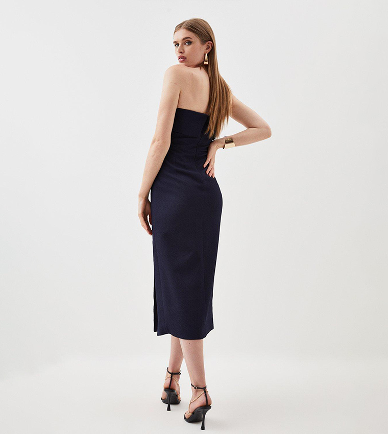 Textured Crepe Tailored Bandeau Split Detail Midi Dress