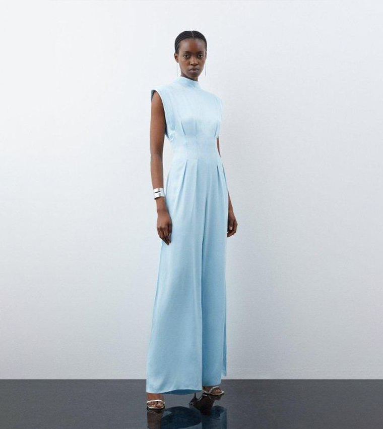 Buy Karen Millen Satin Back Crepe Pin Tuck Woven Jumpsuit In Blue 6thStreet Bahrain