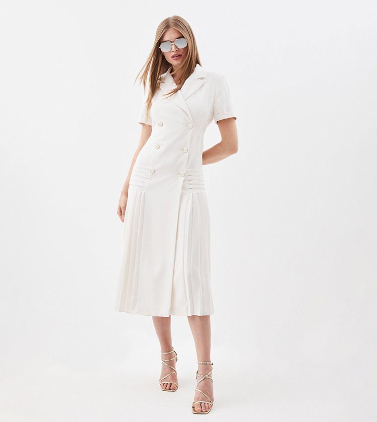 Pleated Button Detailed Woven Midi Dress