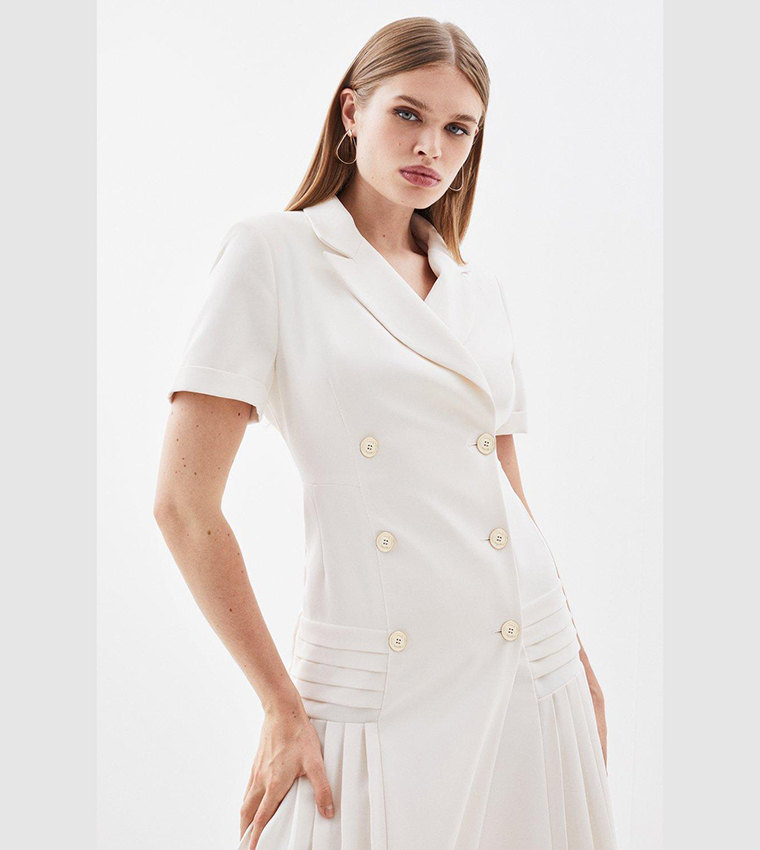 Pleated Button Detailed Woven Midi Dress
