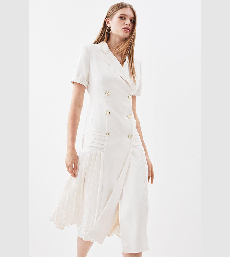Pleated Button Detailed Woven Midi Dress
