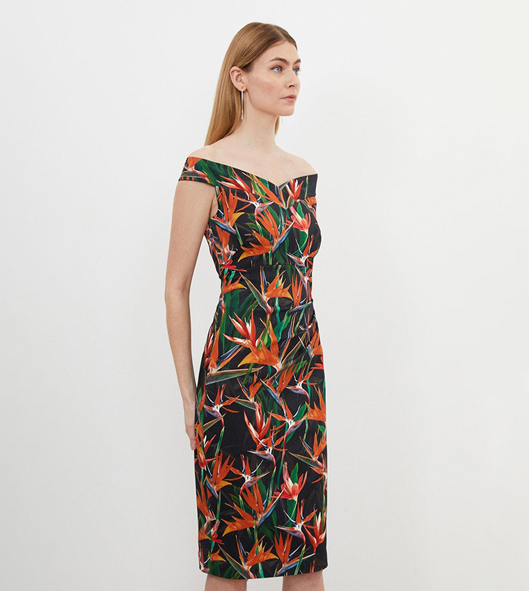 Buy Karen Millen Tailored Tropical Lily Print Cotton Sateen Bardot