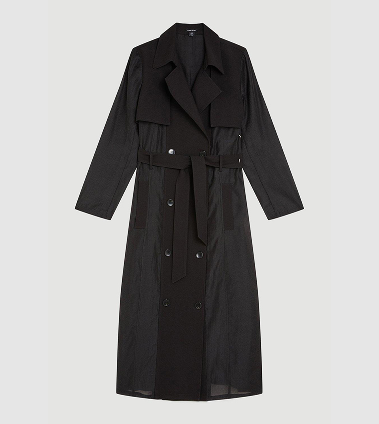 Buy Karen Millen Sheer Panel Detailed Belted Trench Coat In Black