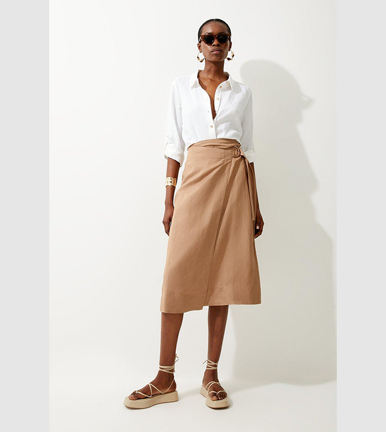 Buy Karen Millen Viscose Linen Asymmetric Midi Skirt In Beige