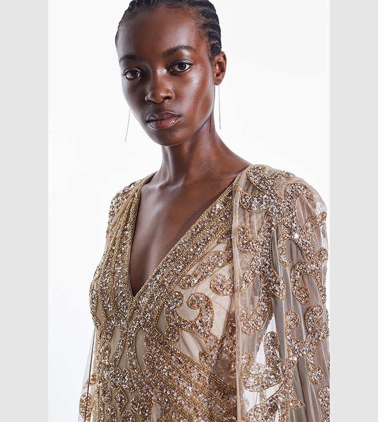 Buy Karen Millen Tall Embellished Maxi Dress With Cape In Gold 6thStreet Bahrain