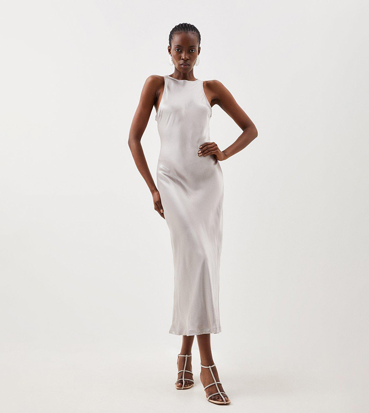 Buy Karen Millen Satin Woven Column Maxi Dress In Silver | 6thstreet Qatar