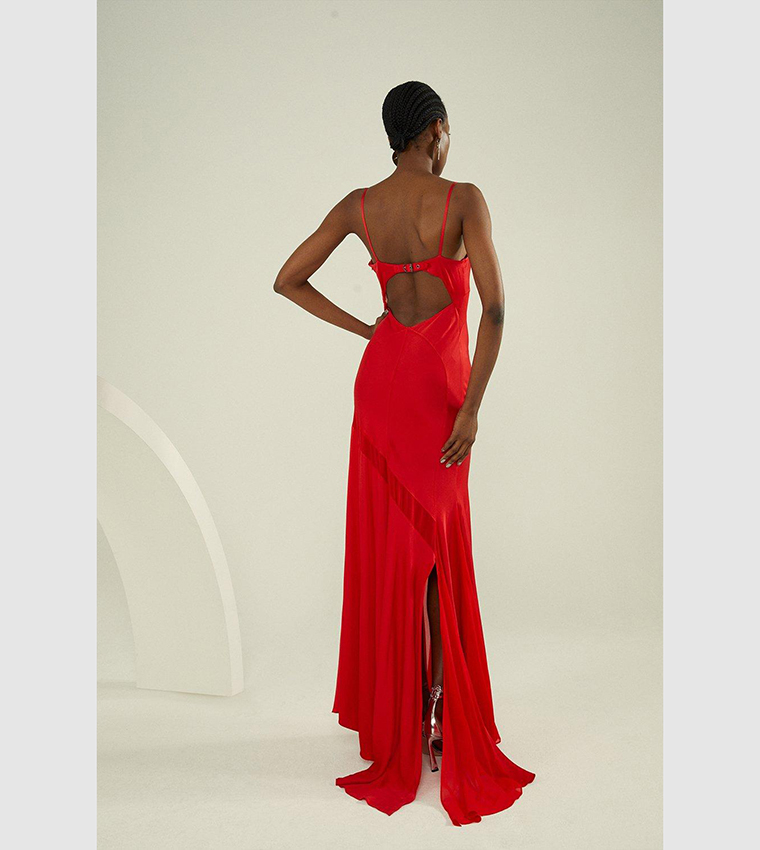 karen millen red silk dress Red Crystal Beaded Strappy Woven Maxi Dress