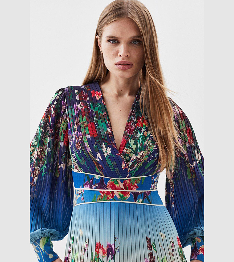 KAREN MILLEN 日本未入荷 花柄 パフスリーブ アップリケ ミニ 青 Buy Karen Millen Pleat Detail Floral Long Sleeve Mini Dress