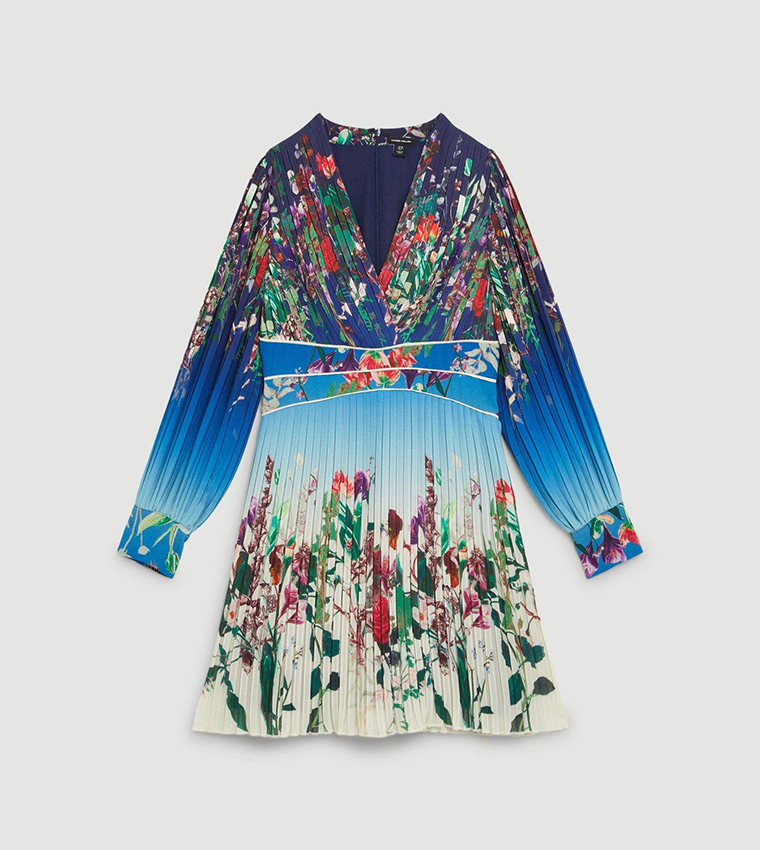 Buy Karen Millen Pleat Detail Floral Long Sleeve Mini Dress