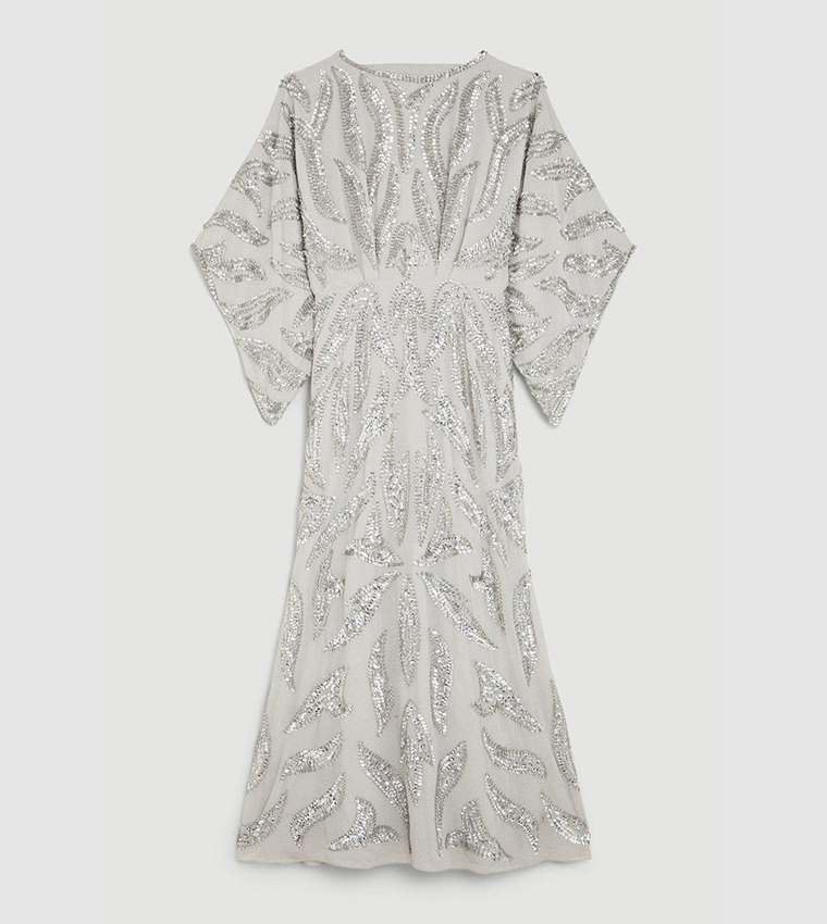 Buy Karen Millen Kimono Sleeve Embellished Midaxi Dress In Silver ...