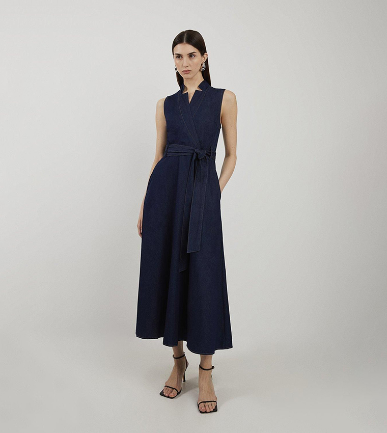 Denim Tailored Notch Neck Belted Fluid Midi Dress