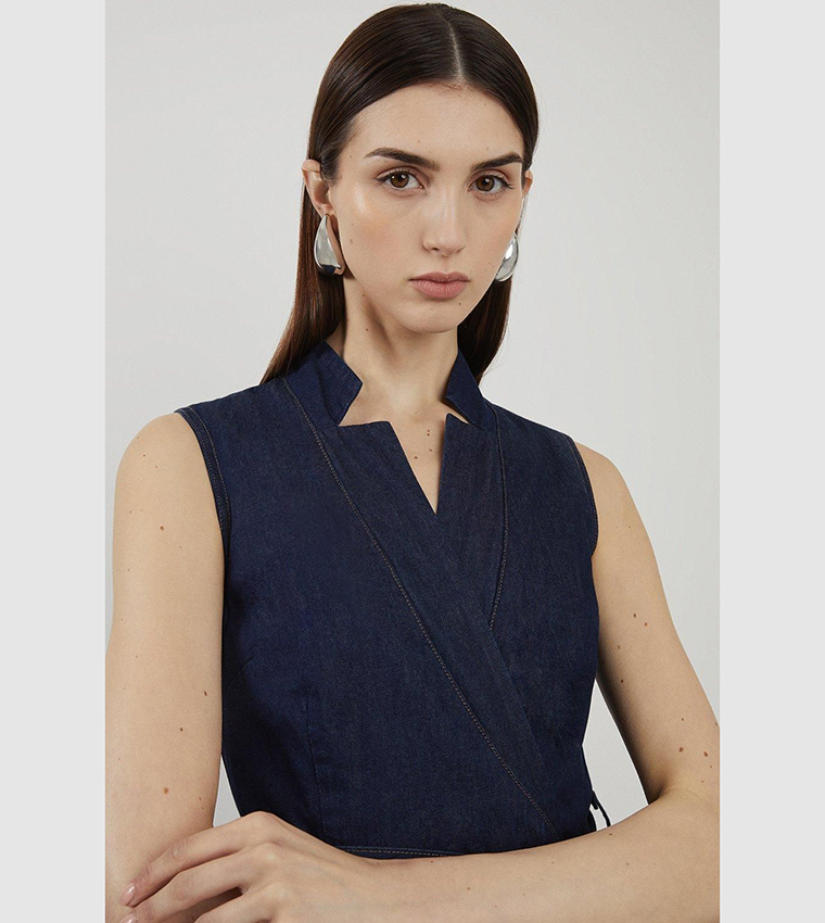 Denim Tailored Notch Neck Belted Fluid Midi Dress