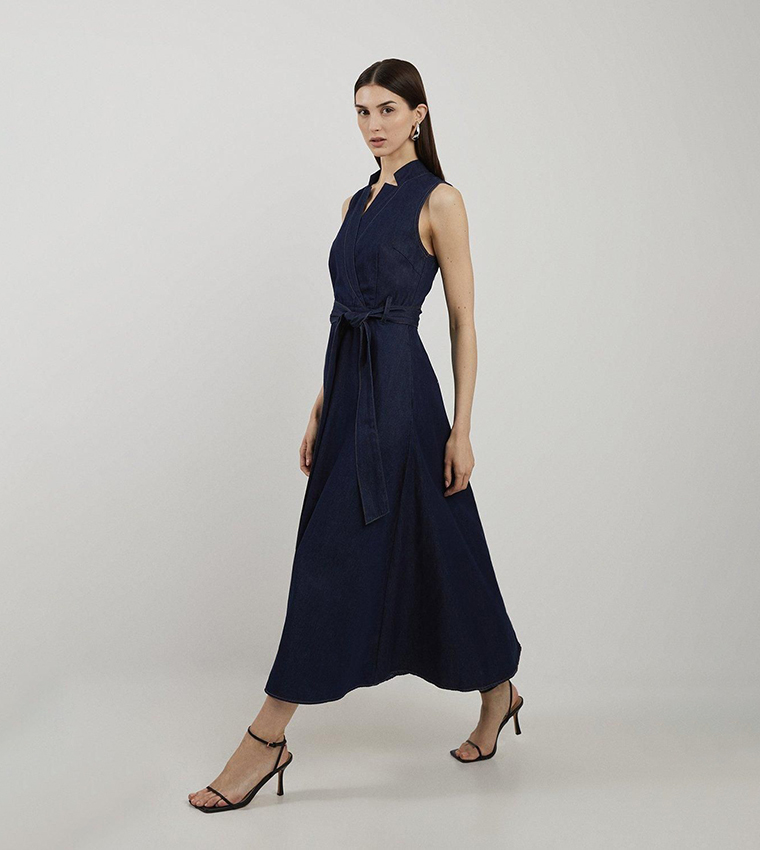 Denim Tailored Notch Neck Belted Fluid Midi Dress
