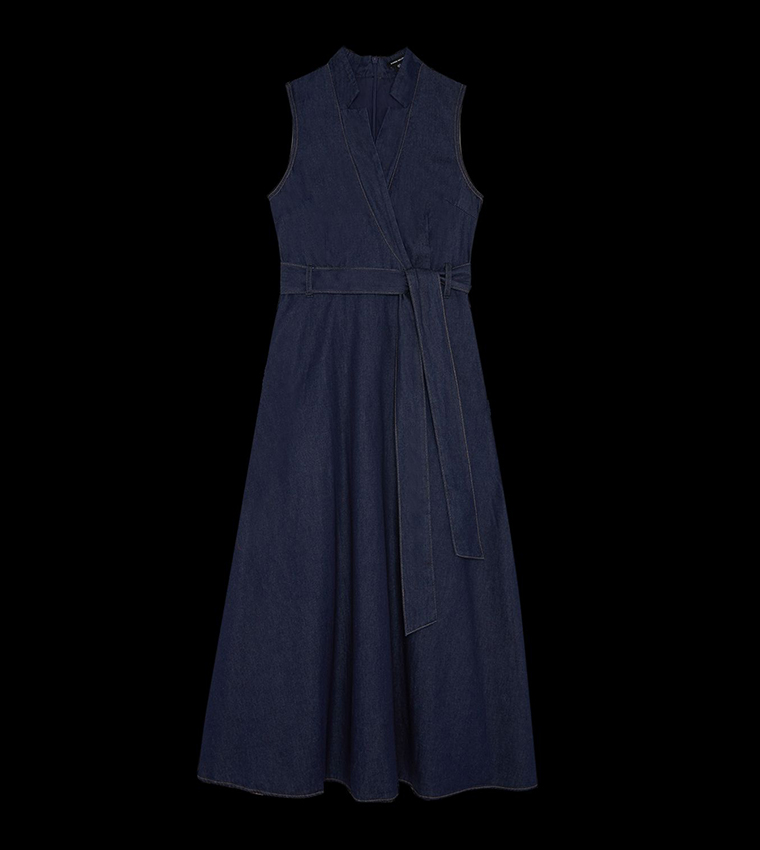 Denim Tailored Notch Neck Belted Fluid Midi Dress