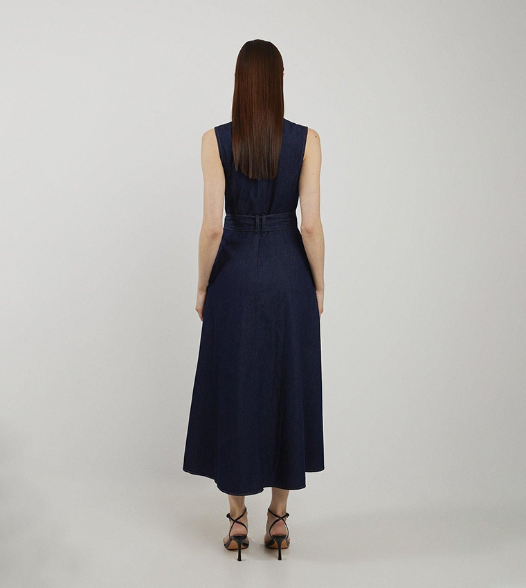 Denim Tailored Notch Neck Belted Fluid Midi Dress