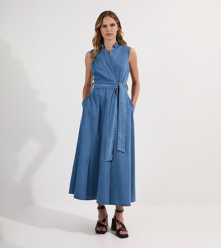 Tailored Notch Neck Belted Fluid Denim Midi Dress