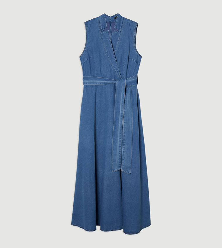 Tailored Notch Neck Belted Fluid Denim Midi Dress