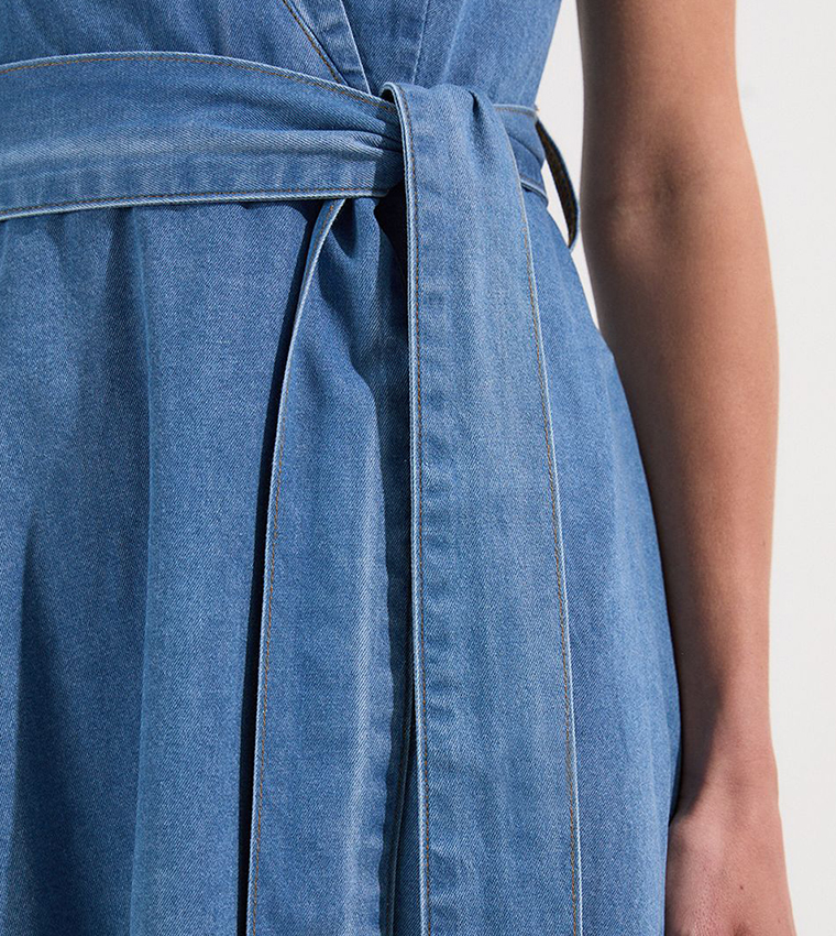Tailored Notch Neck Belted Fluid Denim Midi Dress