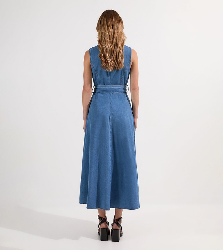Tailored Notch Neck Belted Fluid Denim Midi Dress