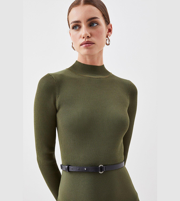 Buy Karen Millen Petite Rib Knit Belted Midi Dress In Khaki