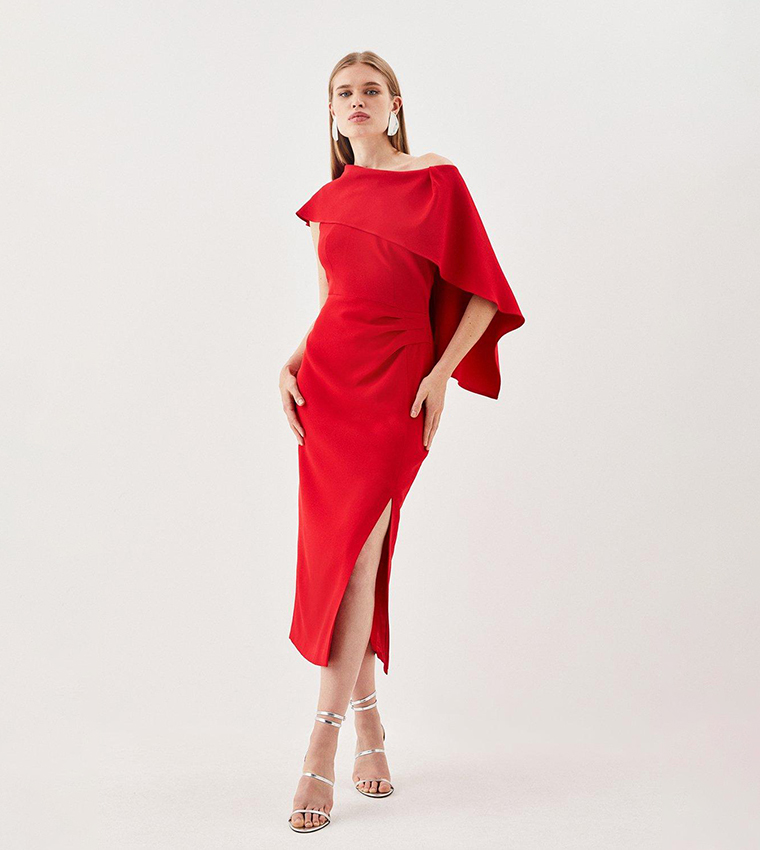 Compact Stretch Viscose One Shoulder Drape Detail Midi Dress