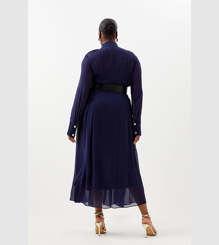Buy Karen Millen Military Belted Sheer Woven Maxi Dress In Navy