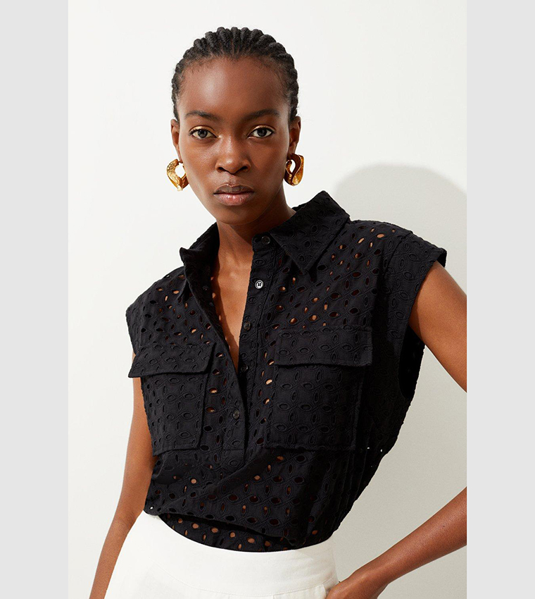 Buy Karen Millen Cotton Broderie Button Down Sleeveless Shirt In Black