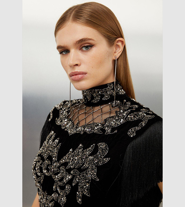 Buy Karen Millen Velvet Baroque Fringe Woven Mini Dress In Black |  6thstreet Oman